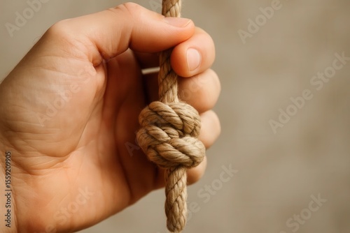 A hand holding a rope with a knot in it