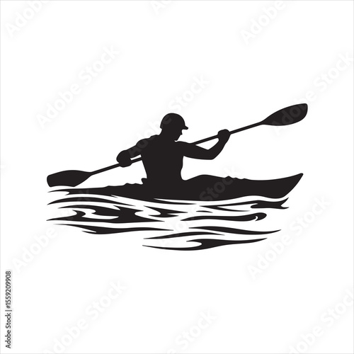 Silhouette of Kayaker Paddling in Water – Vector Illustration
