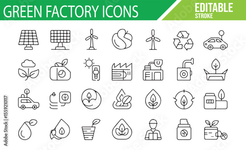 Sustainability, Green Energy, and Recycling Icons for Factories and Clean Production