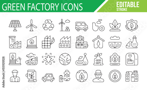 Renewable Energy and Green Factory Icons for Eco-Friendly Business and Production