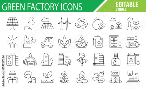 Environmental and Green Energy Icons for Factories, Sustainability, and Recycling