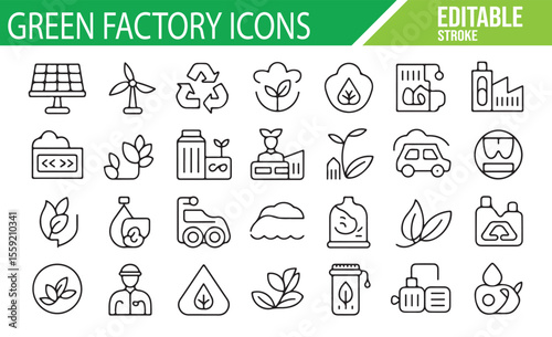 A Set of Eco-Friendly and Green Factory Icons for Clean Energy and Production

