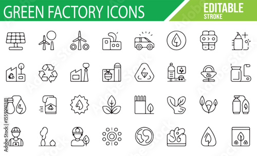 Green Factory Icons Featuring Renewable Energy, Recycling, and Sustainability