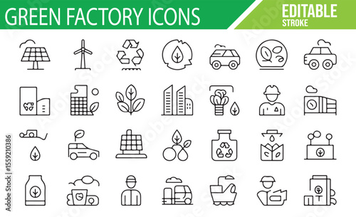 A collection of green factory-related icons, featuring renewable energy, recycling, eco-friendly production, and sustainable practices, ideal for environmental, green energy, and sustainability themes