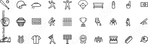 Baseball Essentials Stroke Icon Pack — Featuring Bat, Glove, Ball, Helmet, Field Gear and more editable Outline Icons.