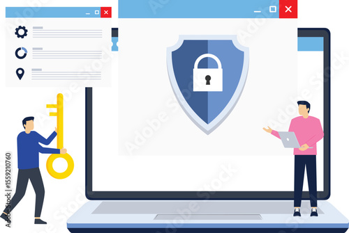 Concept are Internet, data security Access, protection, Computer with shield and lock, vector illustration, web banners, web sites, printed materials, infographics. Privacy Protection Antivirus hack

