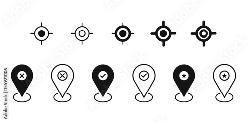 Location pin icon set cross tick favourite current location outline stroke buttons map pointer gps navigation marker distance route address