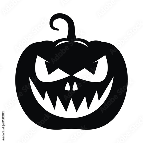 Horror Halloween pumpkin head jack-o'-lantern isolated on white with a scary carved face, perfect for an autumn holiday celebration