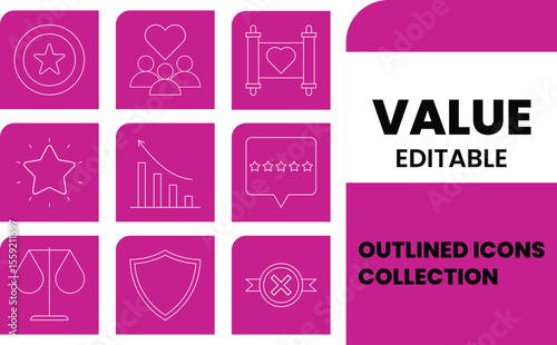 Collection of modern line art icons representing success teamwork and evaluation on a magenta background