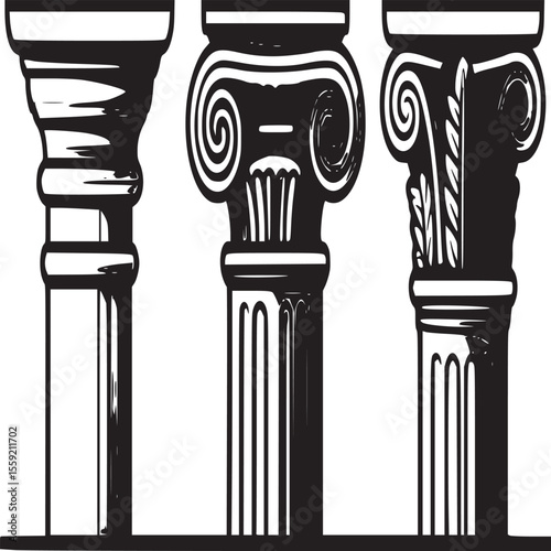 Illustration of three different styles of classical columns with architectural details shown