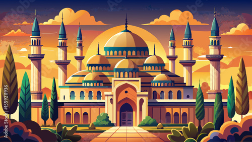Ulu Camii (Great Mosque of Bursa), Turkey
Twenty domes arranged in four rows sit atop a rectangular stone structure, with two broad minarets flanking the mosque. The entire building bathes in warm eve