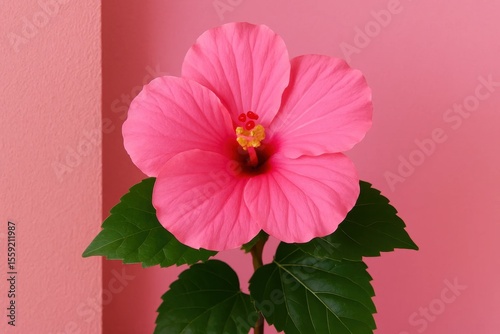A pink flower with green leaves in front of a pink wall