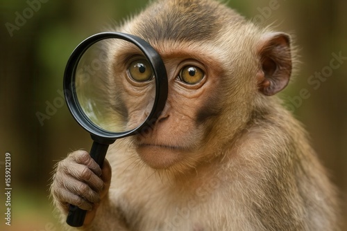A monkey looking through a magnifying glass