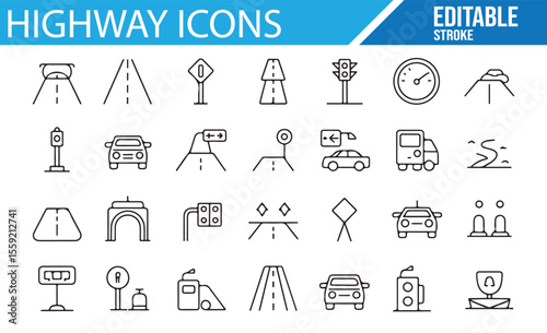 Road Safety and Highway Icons for Navigation, Travel, and Traffic Control