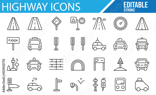 Road Signs, Vehicles, and Traffic Signals Icons for Road Safety and Transport