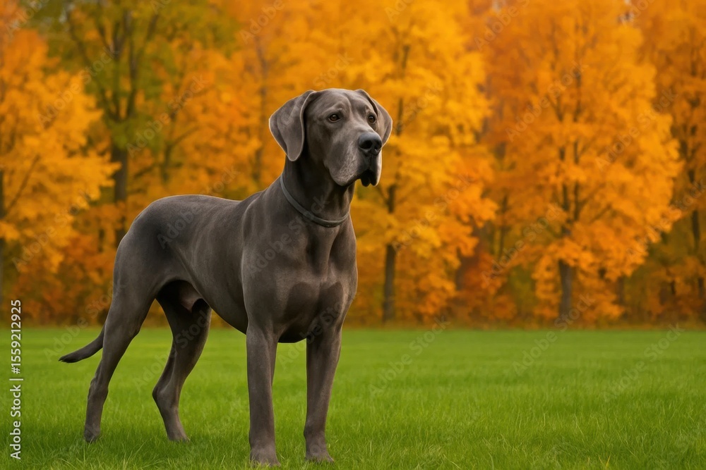 A large dog standing on top of a lush green field A large dog standing on top of a lush green field