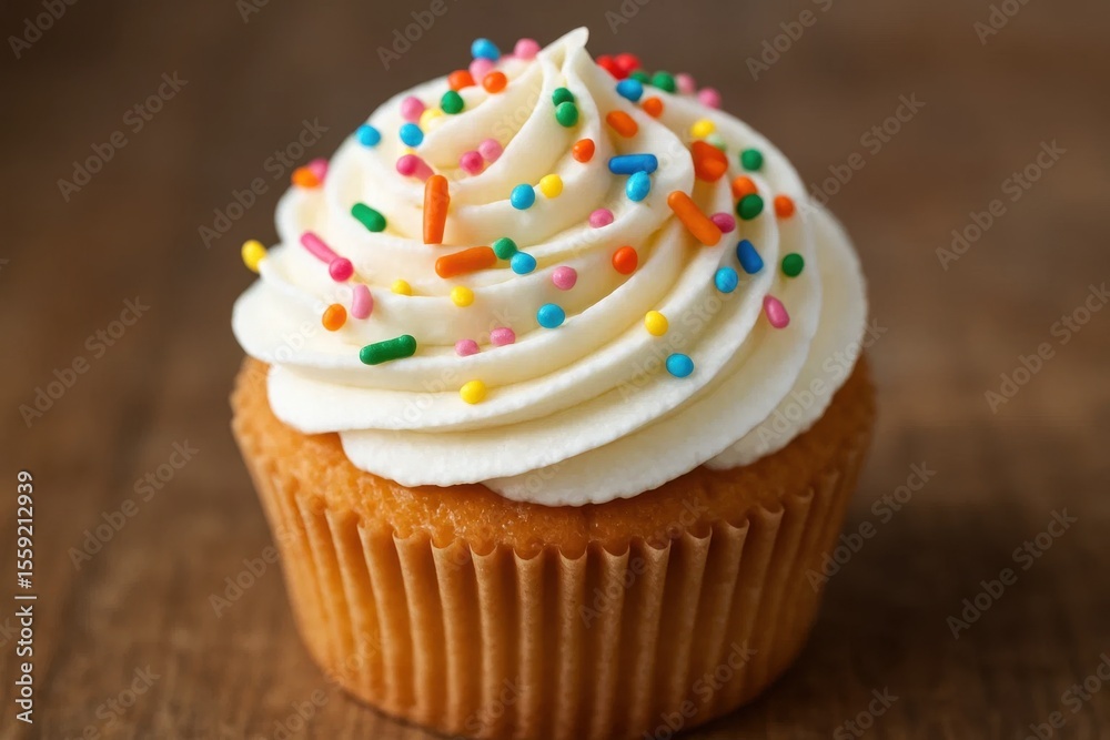A cupcake with white frosting and colorful sprinkles A cupcake with white frosting and colorful sprinkles