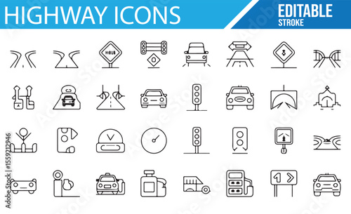 Road Sign, Vehicle, and Navigation Icons for Highway and Travel Themes