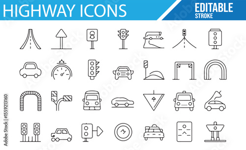 A collection of highway-related icons, including traffic signs, road signals, vehicles, and road markings, ideal for transportation, road safety, and navigation themes.