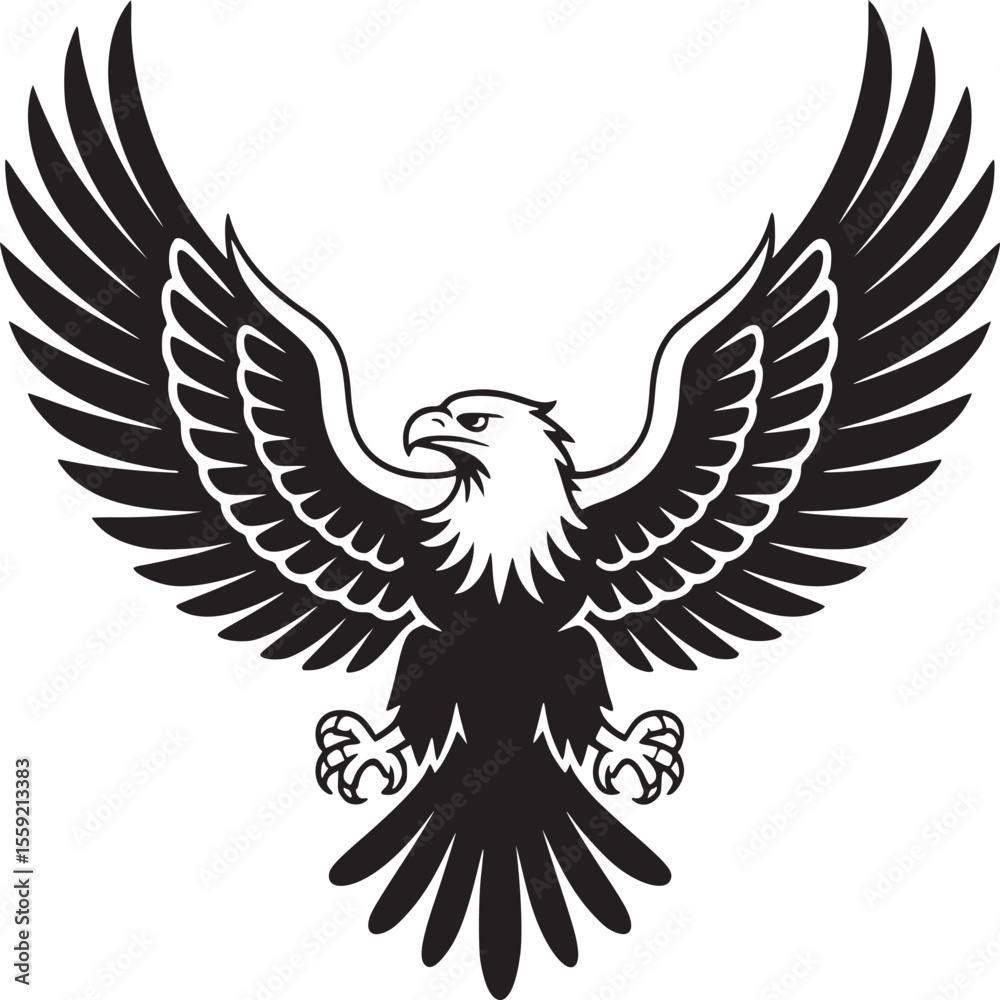 Fototapeta premium A black and white graphic illustration of an eagle with wings spread wide on a white background
