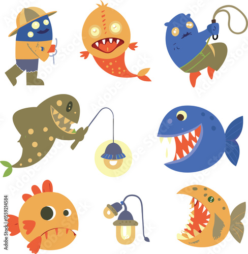 Cartoon fish characters with various expressions in playful and animated illustrations