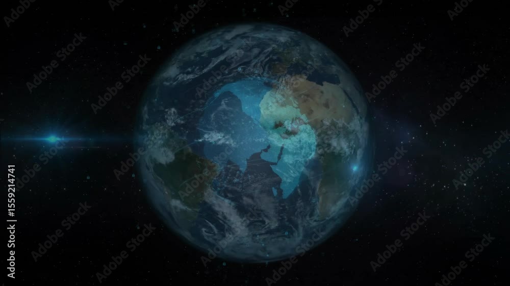 Lens flare starting 3D globe emerging and rotating with pulsing overlay visualizing data