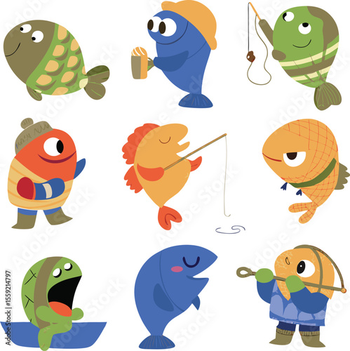 Playful and colorful cartoon fish engaging in various activities in an illustrated style