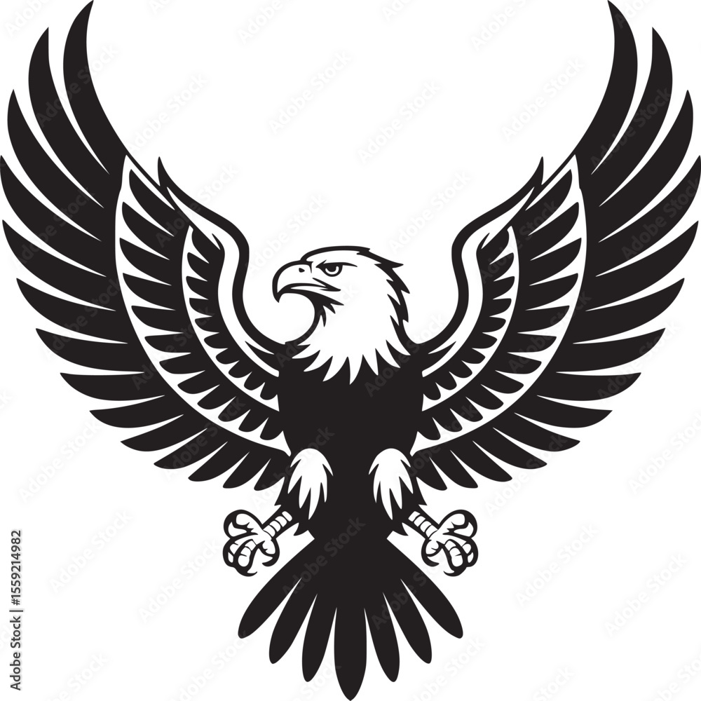 Obraz premium Illustration of an eagle with spread wings in black and white on a plain white background