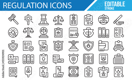 A collection of regulation-related icons, featuring legal documents, scales, law enforcement, government, and compliance symbols, perfect for legal, regulatory, and security-themed industries.