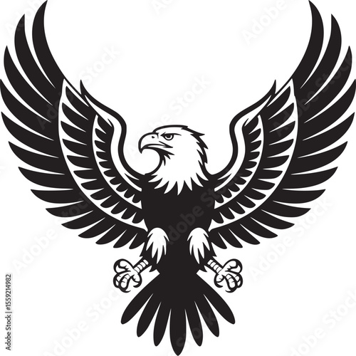 Illustration of an eagle with spread wings in black and white on a plain white background