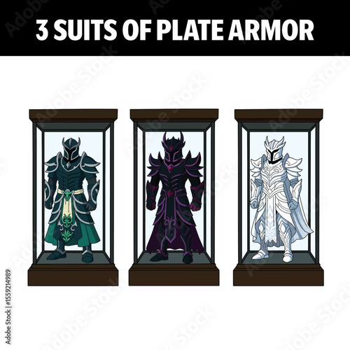 Fantasy Armor Display Vector Illustration – Three Legendary Suits in Glass Cases