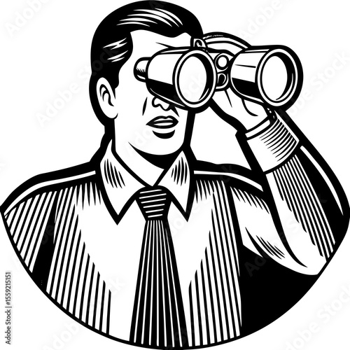 A classic black and white illustration of a person looking through binoculars with a business professional aesthetic.