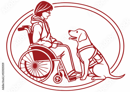A compassionate illustration depicting a person in a wheelchair and a service dog in a beautiful oval frame