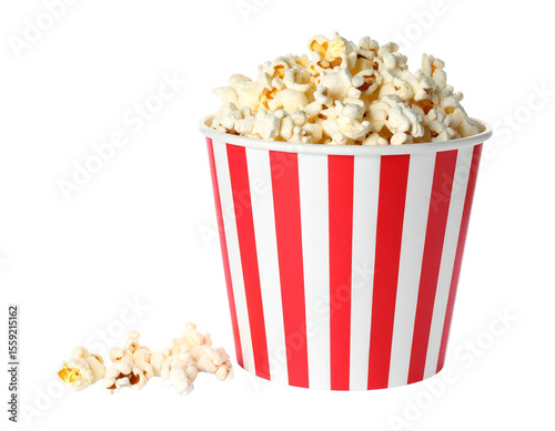 A red and white striped popcorn bucket isolated on transparent background