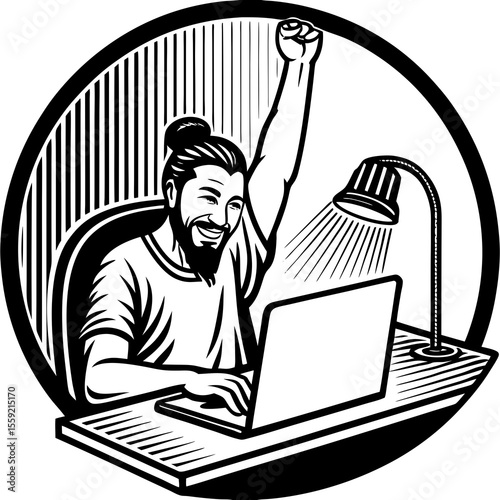 A happy man celebrates success while working on a laptop vector illustration in a black and white circle