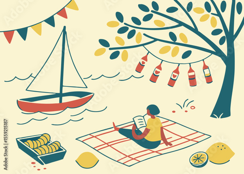 A relaxing seaside summer scene with a sailboat picnic and reading under a tree with transparent background