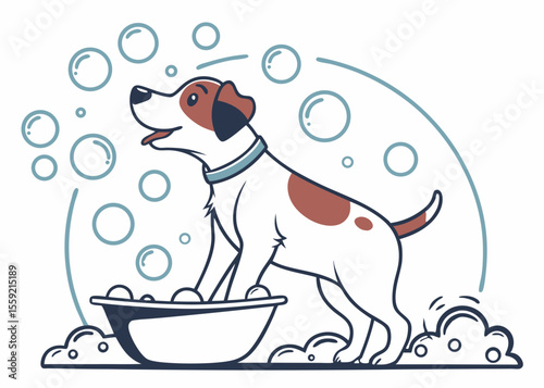 Adorable cartoon dog enjoying a bath with bubbles in a bathtub illustration for pet grooming or animal care