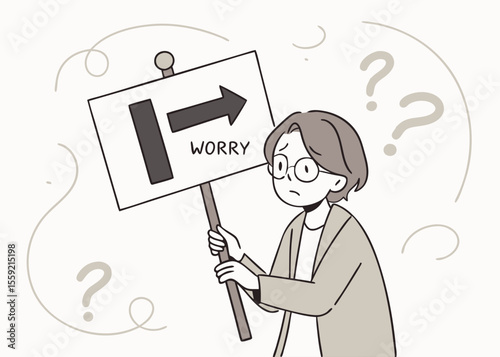 A person looking worried holding a sign with a direction arrow and the word worry expressing emotional anxiety.