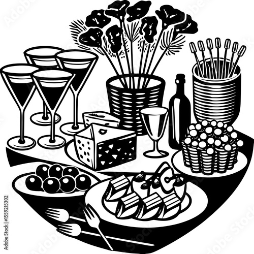 Elegant black and white illustration of appetizers and drinks arranged for a sophisticated gathering or event setting.