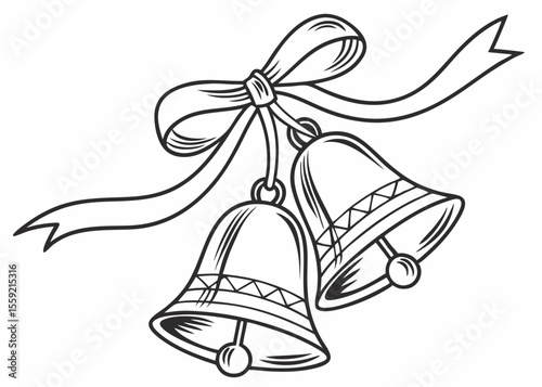 Elegant hand drawn black and white christmas bells with a decorative ribbon and transparent background suitable for various design purposes
