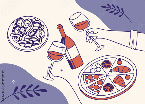 Elegant illustration of wine pasta and pizza on a white background suitable for restaurant menu design advertising and social media