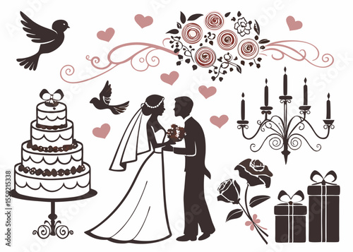 Elegant wedding vector elements featuring bride and groom silhouette hearts cake and decorative floral arrangements