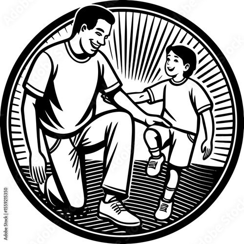 Father and son bonding moment depicted in a circular black and white vector illustration depicting family and care
