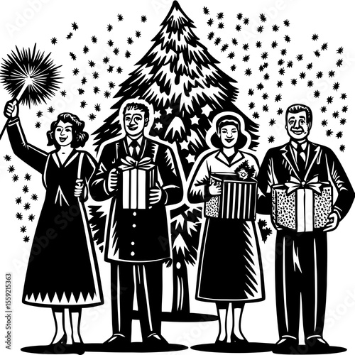 Group of people with presents and sparkler celebrate christmas festive season in black and white vector illustration