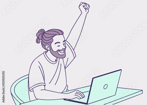 Happy freelancer celebrating success with laptop vector illustration demonstrating achievement and triumph on a white background