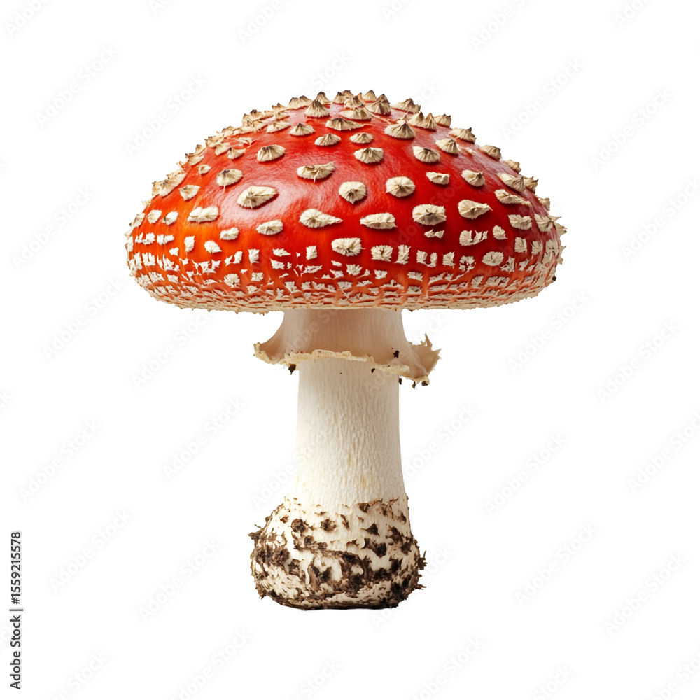Obraz premium A single red mushroom with white spots isolated on a black background a beautiful fungus specimen