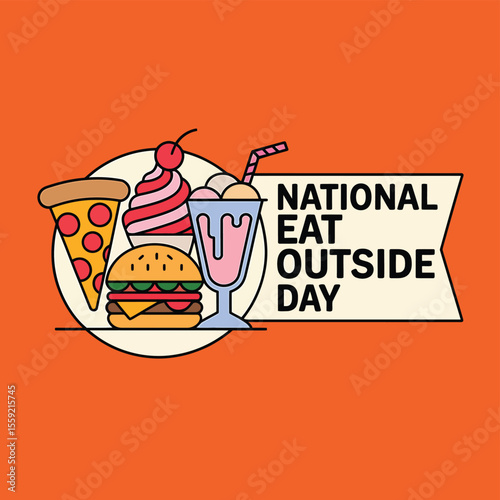 Celebrate national eat outside day with delicious food pizza burger cupcake and milkshake vector design