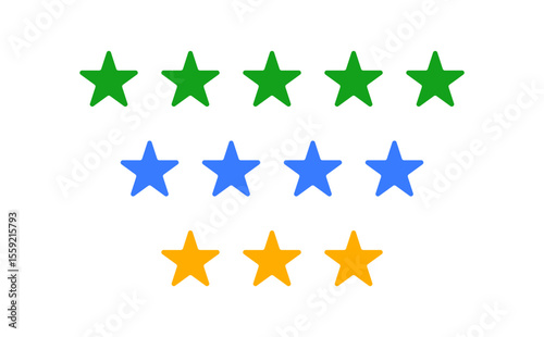 yellow five star rating icon, four start rating and 3 star rating
