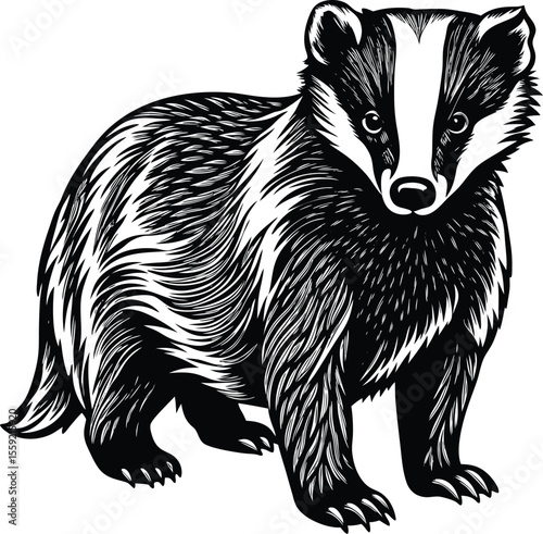 European Badger Illustration Black and White Vector Art