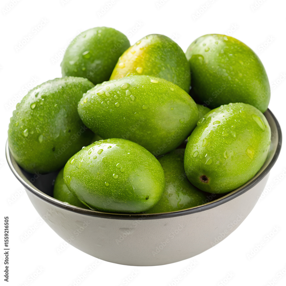 Bowl filled with fresh, green mangoes covered in water droplets, isolated on a transparent background. Bowl filled with fresh, green mangoes covered in water droplets, isolated on a transparent background.